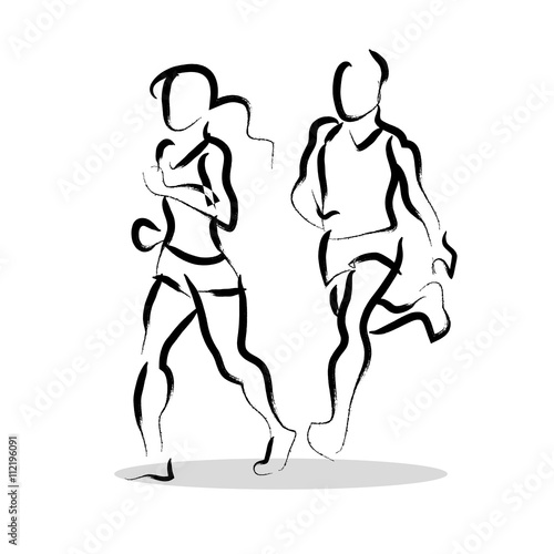 Vector hand drawn fitness people sketch. Athlete figure isolated on white background. Healthy lifestyle. Ink drawing. Running  jogging.
