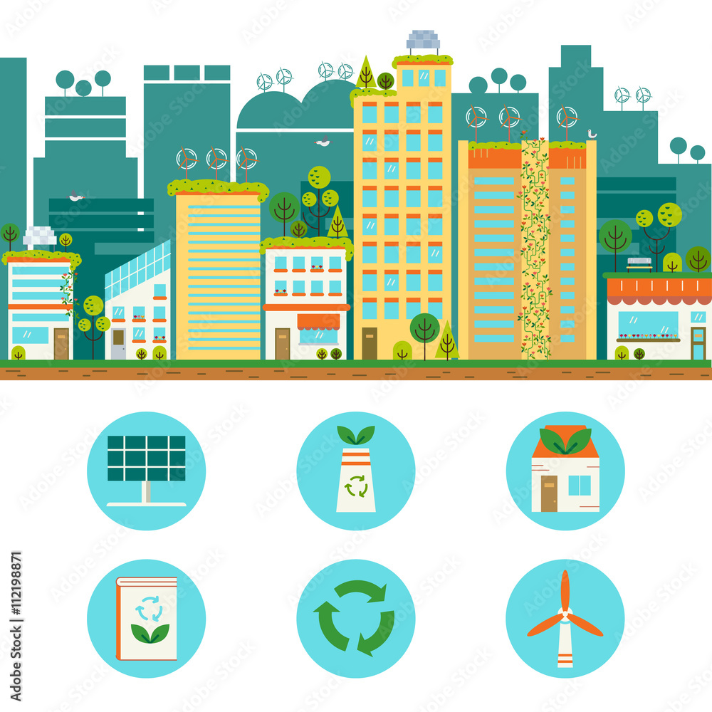 Flat design vector illustration with ecology city.
