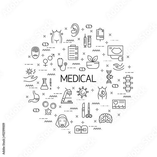 Illustration of symbols medical specialization. Design element.
