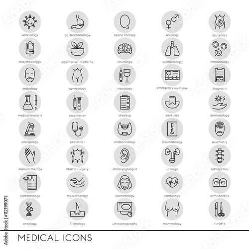Vector line icons with medical symbols specialization.