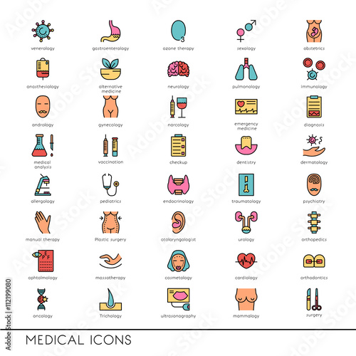 Vector flat line icons with medical symbols specialization