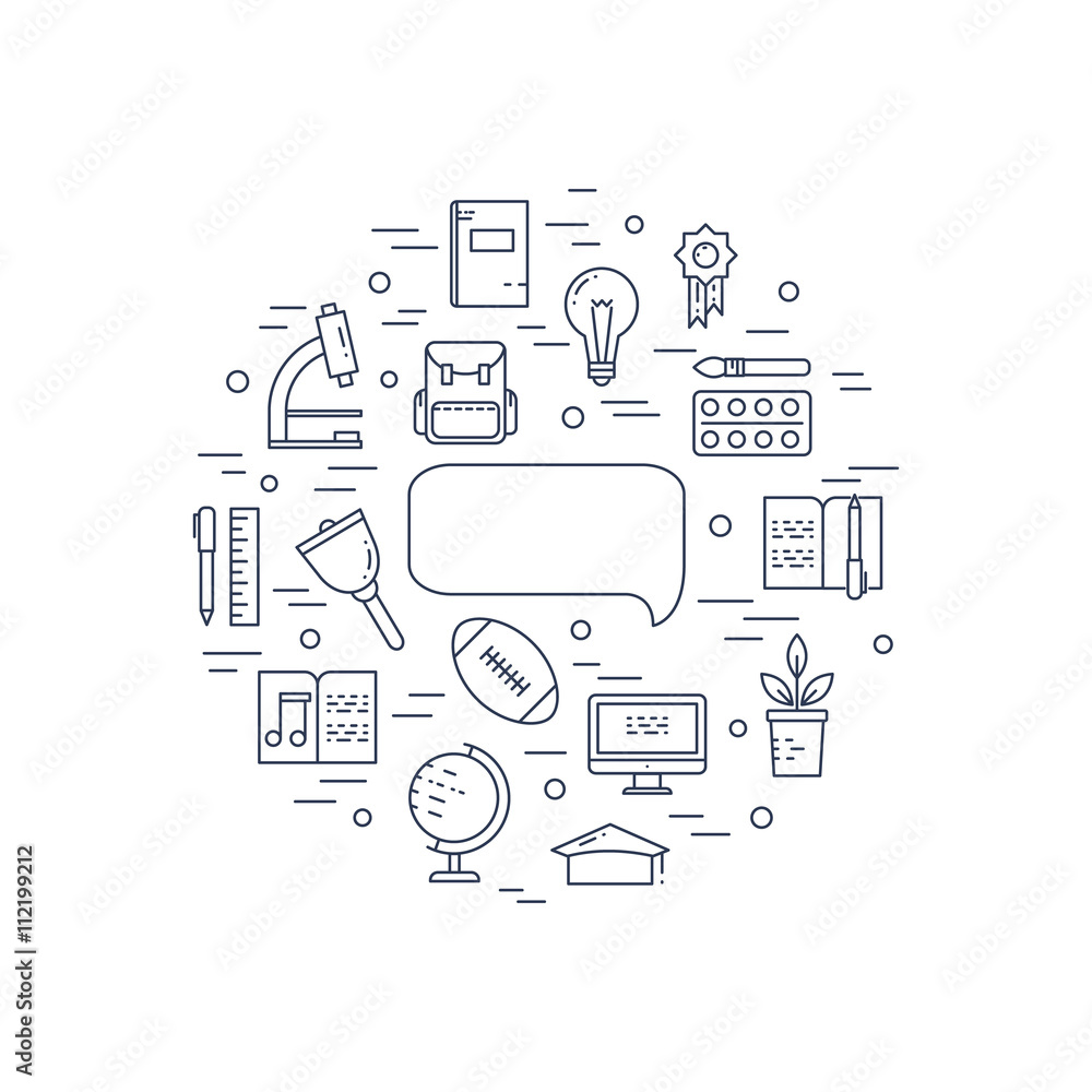 Illustration of symbols school objects and college items. Design