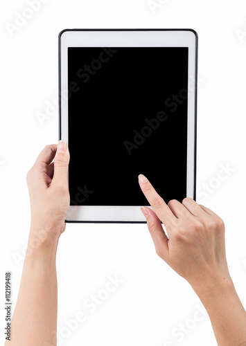 Foto Hands holding tablet vertical white background. use clipping pat