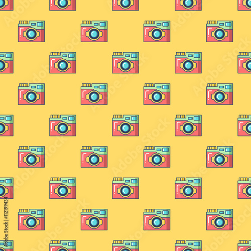 Seamless patterns with camera Tourism and summer objects and equ