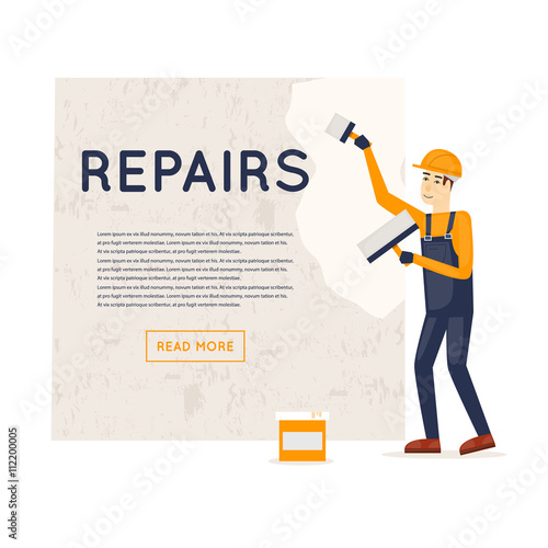 Working puttied wall. Repair, construction, painting. Character. Flat style vector illustration. photo