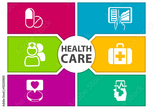 Colorful digital healthcare background with icons regarding wearables, dashboard, tablets, medicine, smart phone