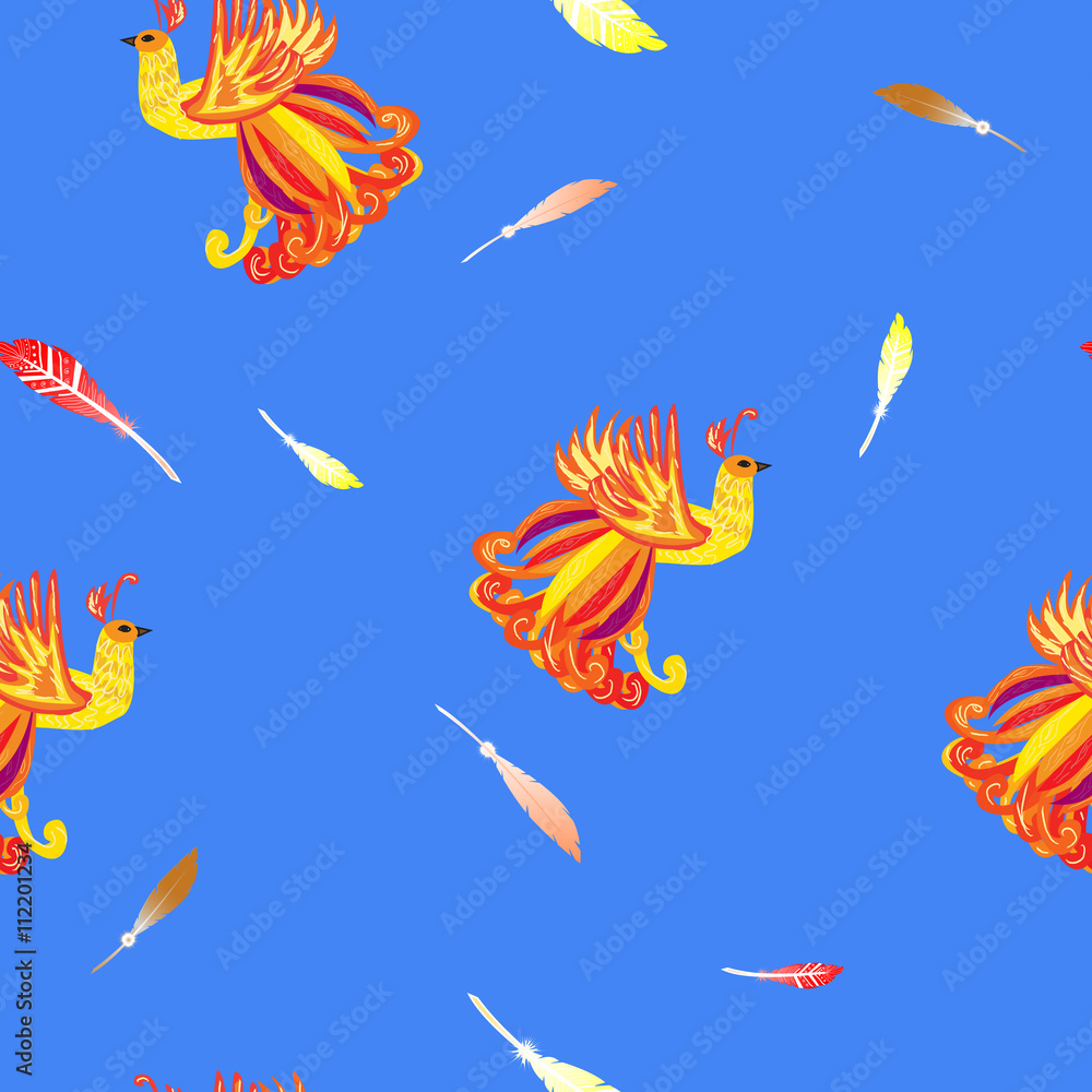 Decorative card with the Firebird , feathers seamless background