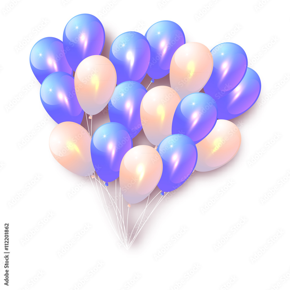 Blue and white balloons on white background