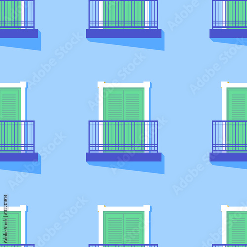 Seamless flat pattern with windows. Architectural summer south background with balconies vector background. Perfect for wallpapers, pattern fills, web page backgrounds, surface textures, textile