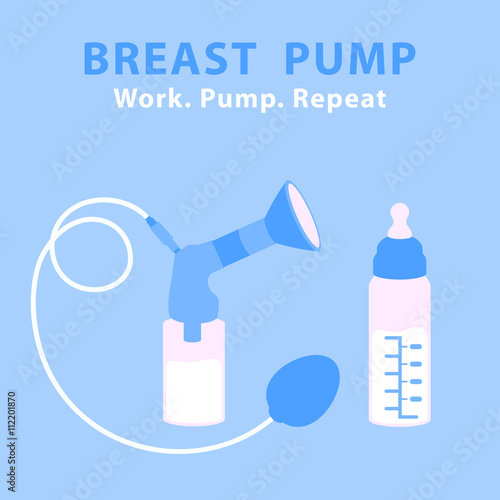Breast pump to increase milk supply for breastfeeding mother and child feeding bottle with breast milk. Breastfeeding. Bottle for baby. Products for newborns babies. Work. Pump. Repeat. Flat vector