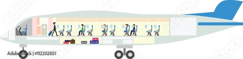 Passengers inside airplane on the flight vector. Airplane interior.