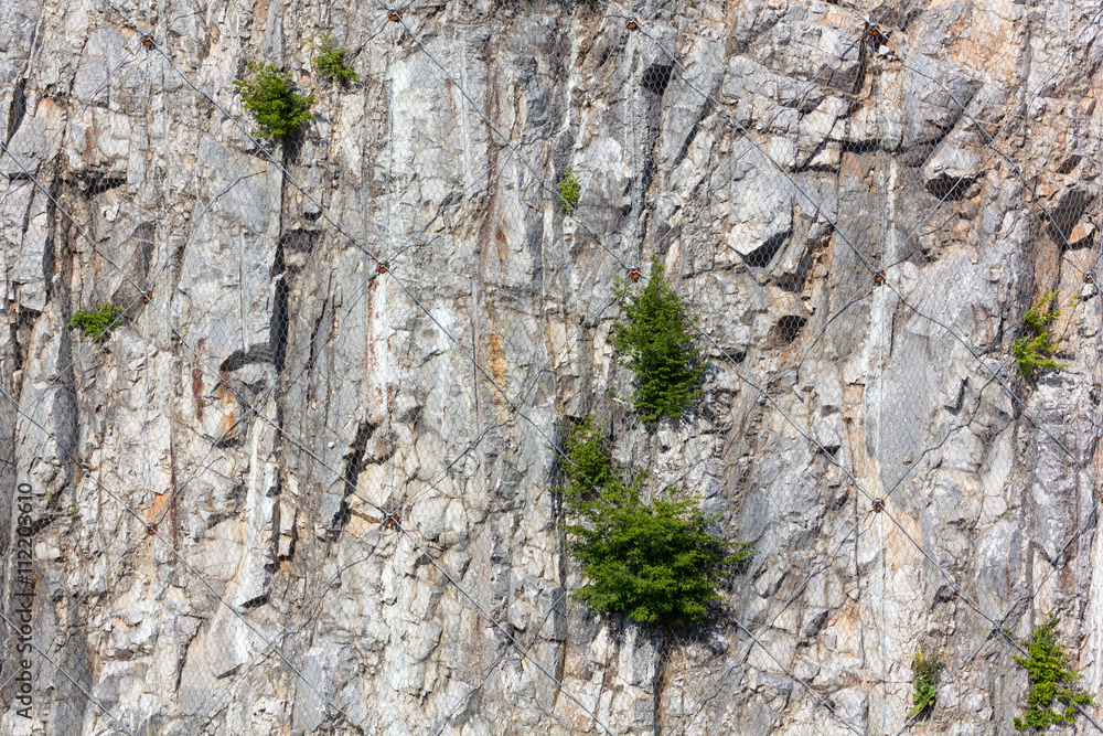 Limestone Rock Face Covered by Wire Mesh Limestone Rock Face Covered by Wire Mesh