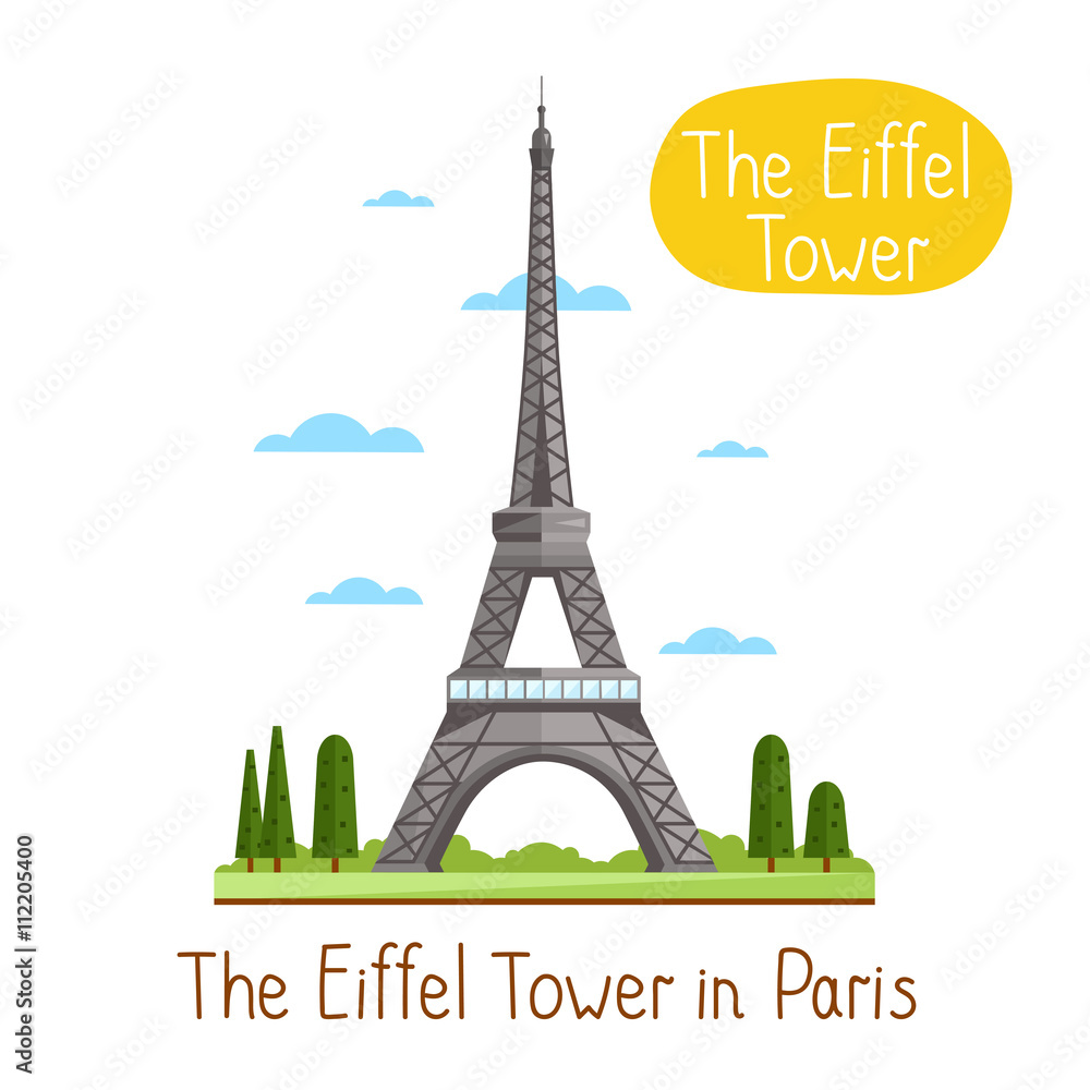 Eiffel Tower in Paris. Famous world landmarks icon concept. Journey around the world. Tourism and vacation theme. Modern design flat vector illustration.