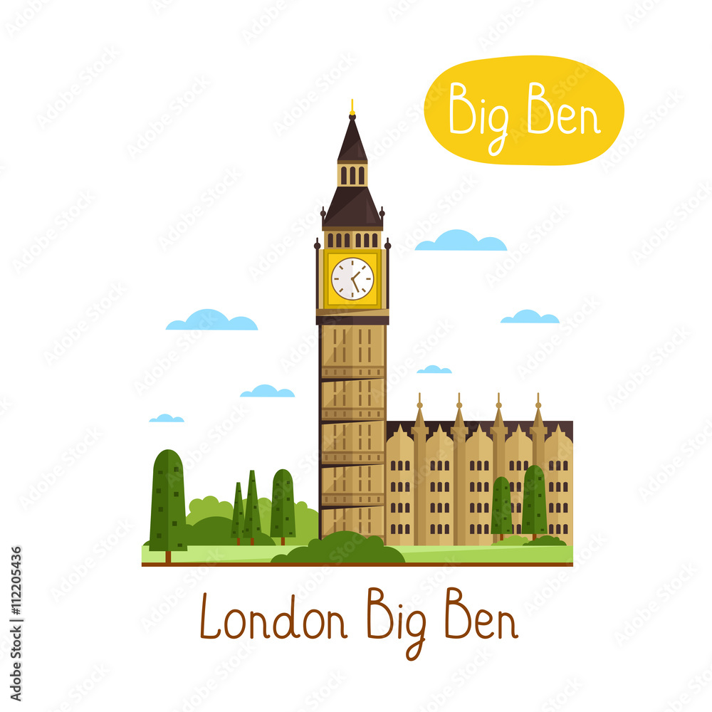 London Big Ben. Famous world landmarks icon concept. Journey around the world. Tourism and vacation theme. Modern design flat vector illustration. - obrazy, fototapety, plakaty 