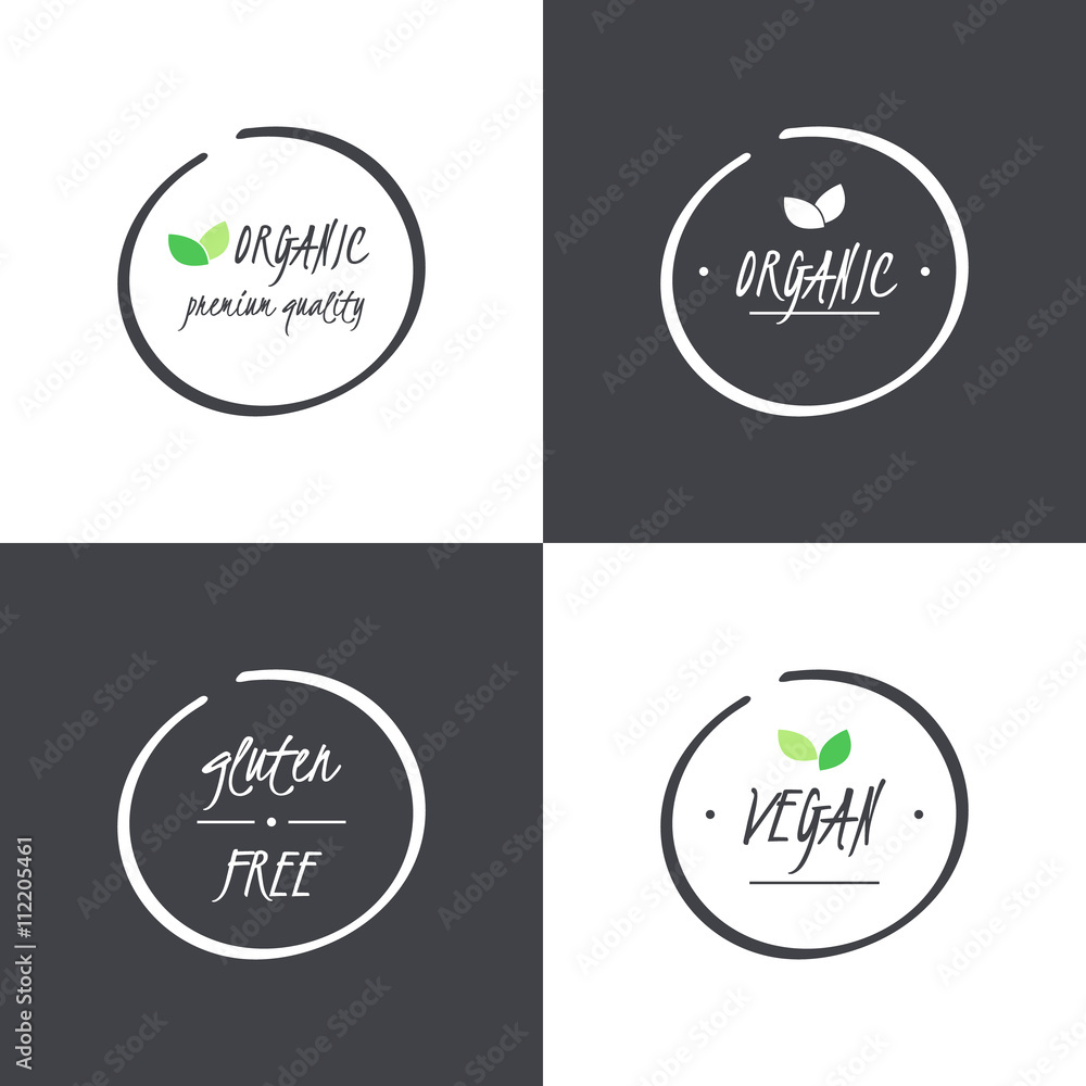 vector set of  icons  Organic, Vegan, Premium Quality, Gluten free Food circle logo symbols on grey and white background