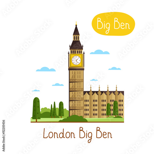 London Big Ben. Famous world landmarks icon concept. Journey around the world. Tourism and vacation theme. Modern design flat vector illustration.