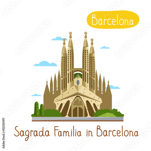 Sagrada Familia in Barcelona. Famous world landmarks icon concept. Journey around the world. Tourism and vacation theme. Modern design flat vector illustration.