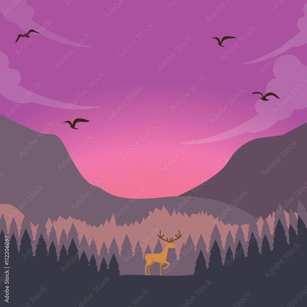 Fototapeta premium nature scene deer on sunset sunrise in forest majestic sky