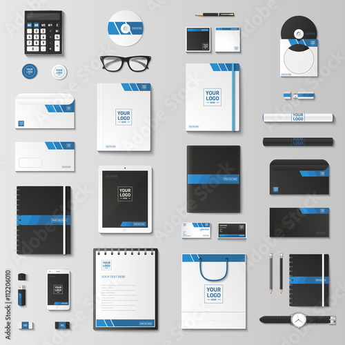 Corporate identity template set. Business stationery mock-up with logo. Branding design. Notebook, card, catalog, pen, pencil, badge, tablet pc, mobile phone, letterhead.