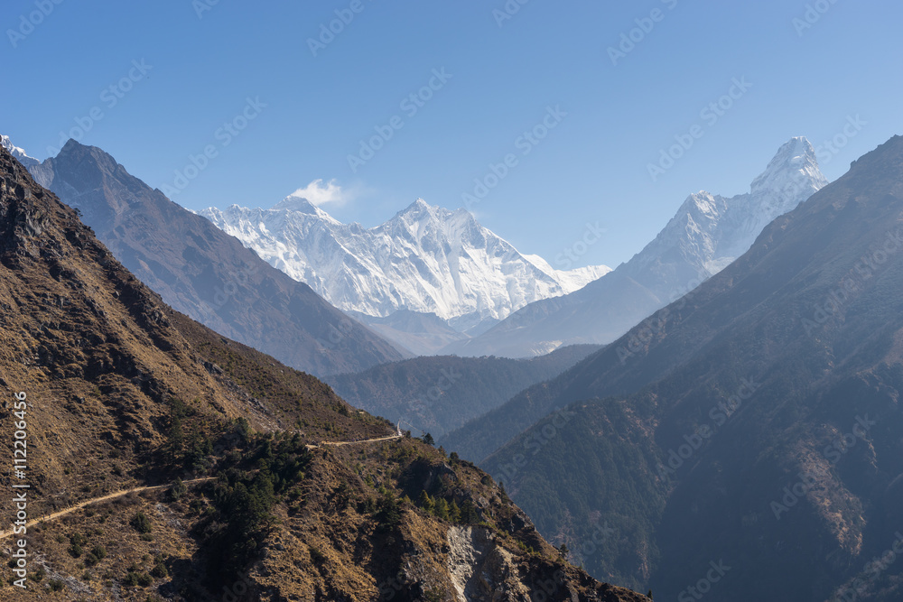 Trekking trail to Tengboche village with Mount Everest and Ama D