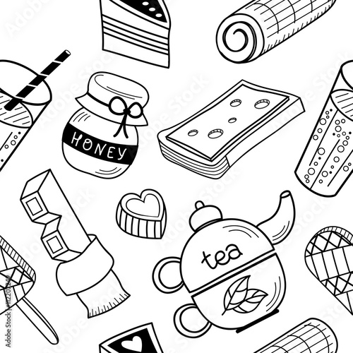 Seamless pattern: food and drink. Pencil drawing. Background