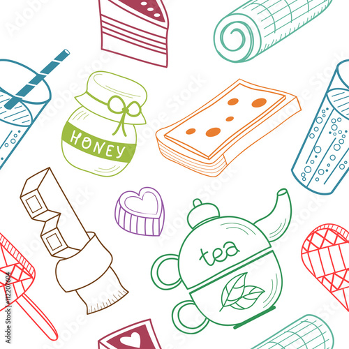 Colorful seamless pattern: food and drink. Pencil drawing. Background