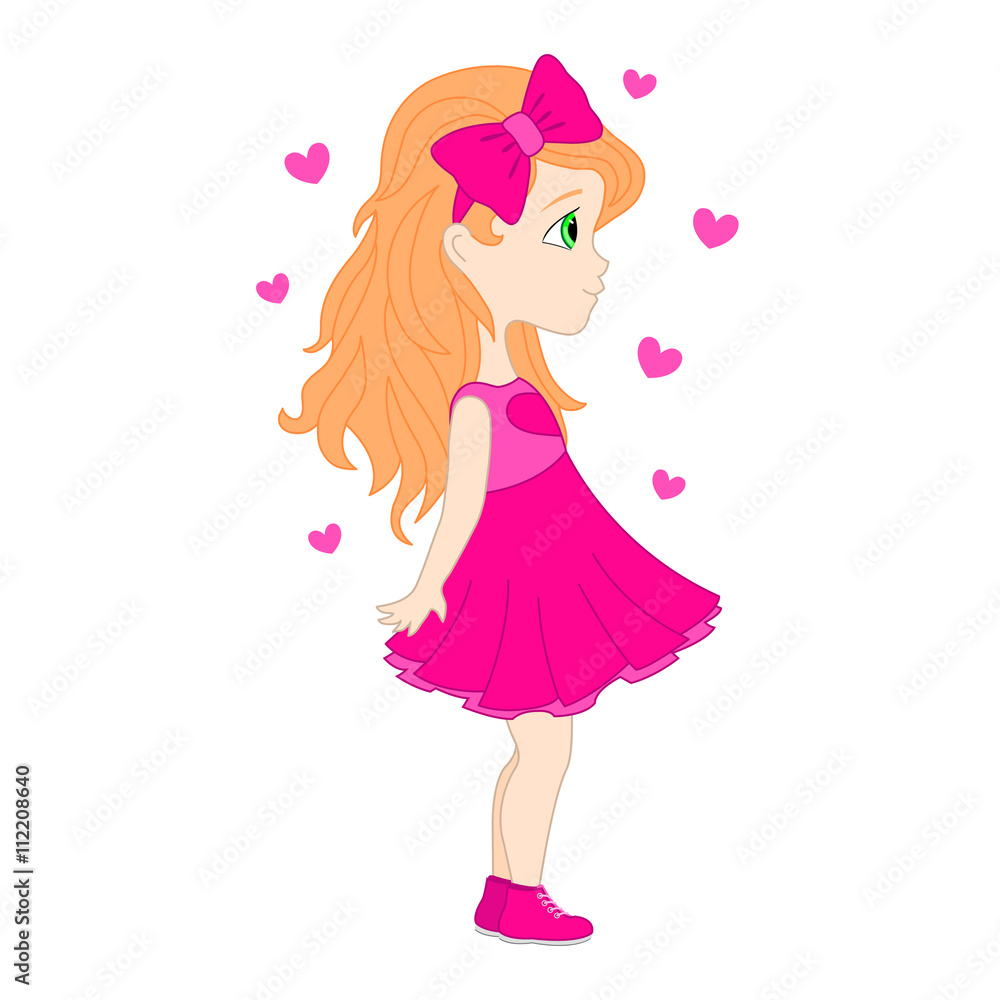 Cartoon little girl. Princess in pink dress. T-shirt graphics. Cartoon little girl. Princess in pink dress. T-shirt graphics.