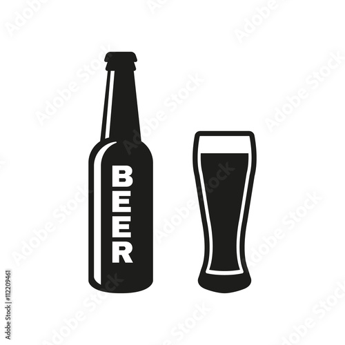 Bottle and glass of beer icon. Beer and pub, bar symbol. UI. Web. Logo. Sign. Flat design. App.Stock