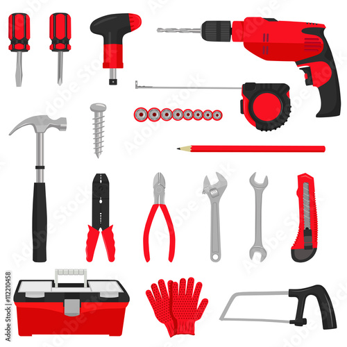 Construction repair tools icons set isolated on white background. Colored flat vector illustration