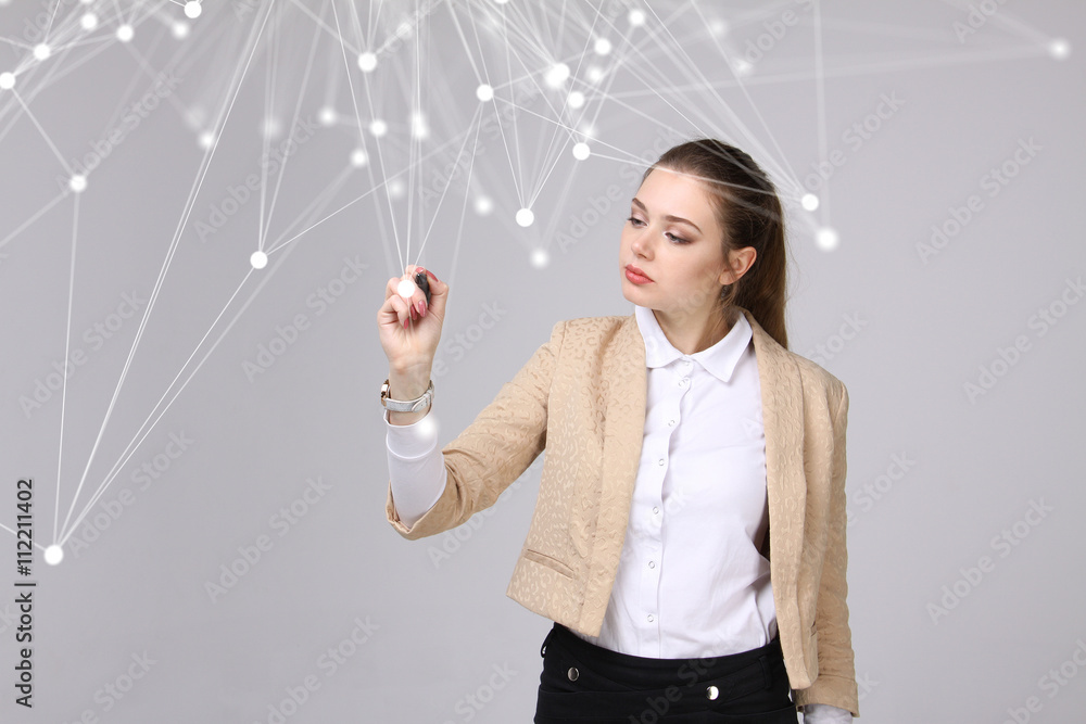 Worldwide network or wireless internet connection futuristic concept. Woman working with linked dots. Worldwide network or wireless internet connection futuristic concept. Woman working with linked dots.