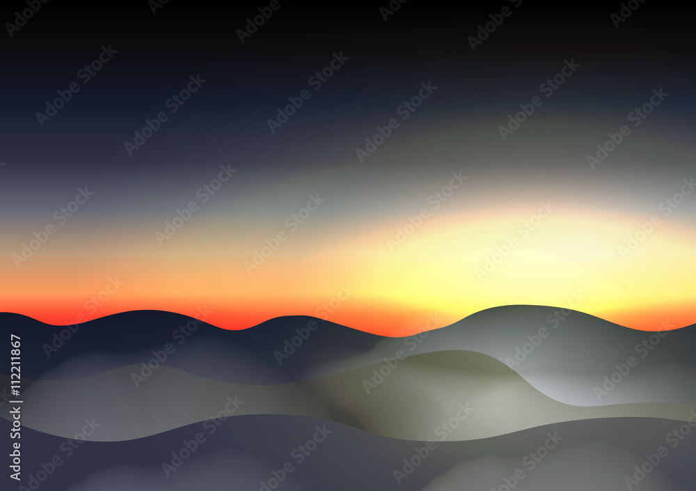 Twilight Sky Mountains in the Fog - Vector Illustration