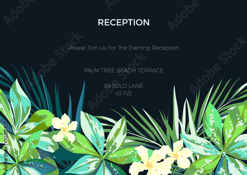 Wedding invitaion or card design with exotic tropical flowers and leaves