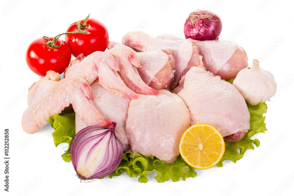 Part of raw chicken, lettuce, vegetables, spices isolated on white. Part of raw chicken, lettuce, vegetables, spices isolated on white.
