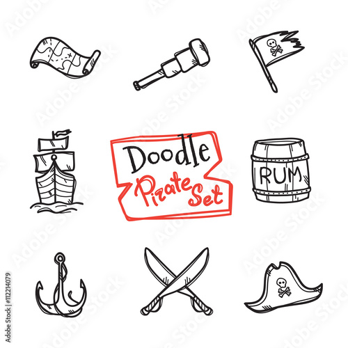 Vector doodle pirate icons set. Hand drawn collection of seaman objects