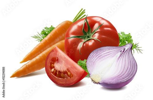 Carrot tomato herbs red onion isolated on white background