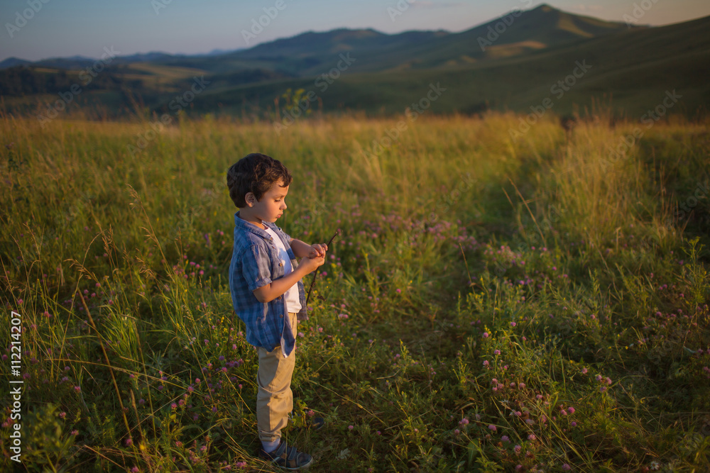 Cute little boy stands on a field at the sunset