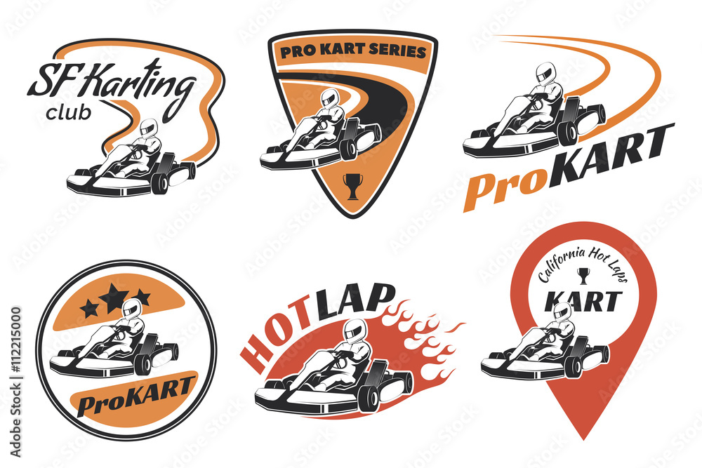 Set of kart racing emblems, logo and icons.Vector illustration w