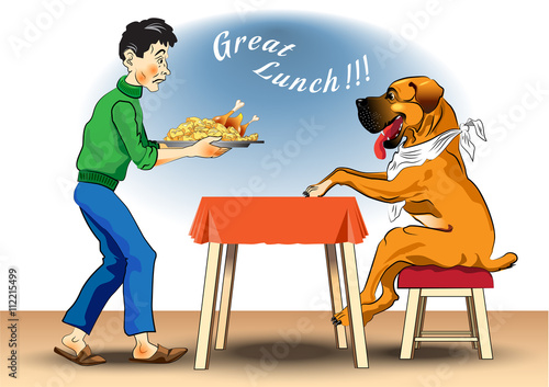 Humorous picture. The man treats his dog lunch. Dog sitting at the table