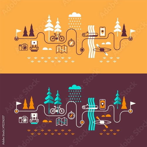 Summer vacation in nature. Vector concept illustrations with icons of travel and holiday.