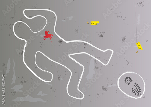 Concept du crime avec une scène de crime vue du dessus montrant la silhouette de la victime tracée sur le sol avec des traces de pas, des douilles et du sang.
