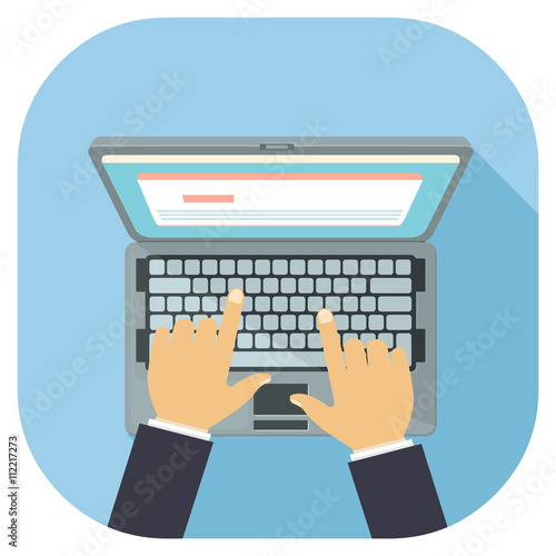 A vector illustration of a man working on a laptop.
Internet icon of business man working on office PC computer.