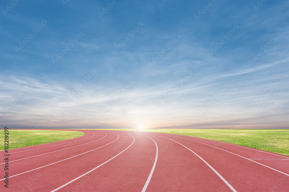 Athlete track or running track with sky sunset background