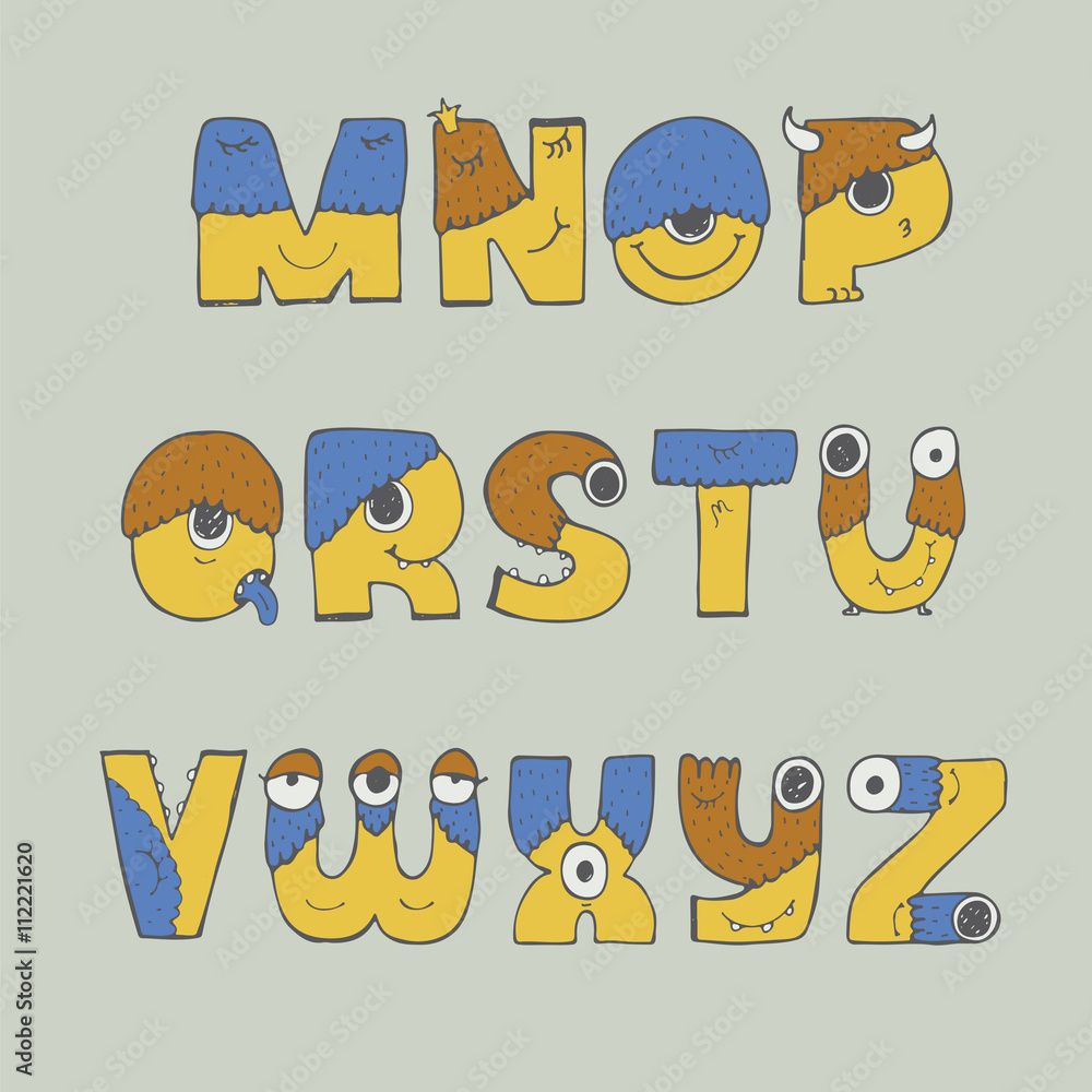 Colorful vector illustration with childish fun monster font, isolated ...