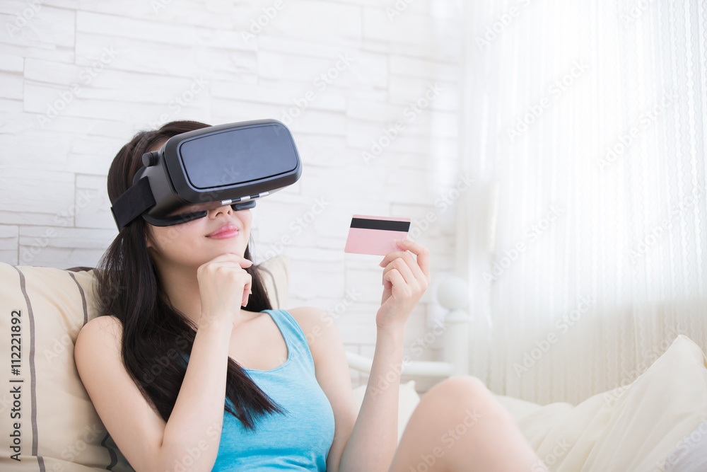 woman shopping by VR headset woman shopping by VR headset