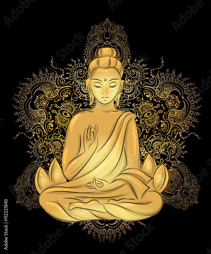Buddha sitting in the lotus position with an illuminated face on the background of the mandala