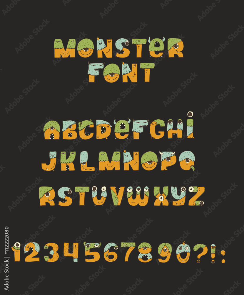 Vector cute colorful kind monster font. Every letter has unique design with fur, eyes, nose, mouth and teeth. Some have crowns and legs. Letters from A to Z, digits from 0 to 9 and punctuation marks