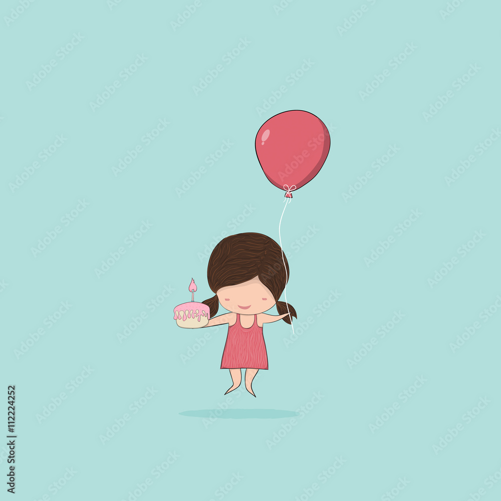 Girl with birthday cupcake and balloons, drawing by hand vector Girl with birthday cupcake and balloons, drawing by hand vector