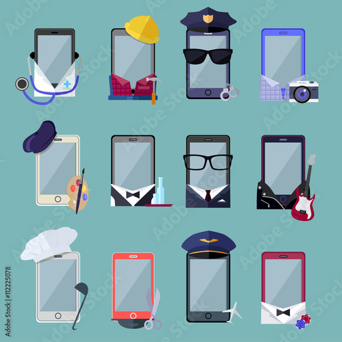 Set of Smarphone in Costume Different Professions