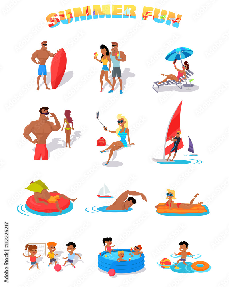 Summer Holidays Color Icons with People Summer Holidays Color Icons with People