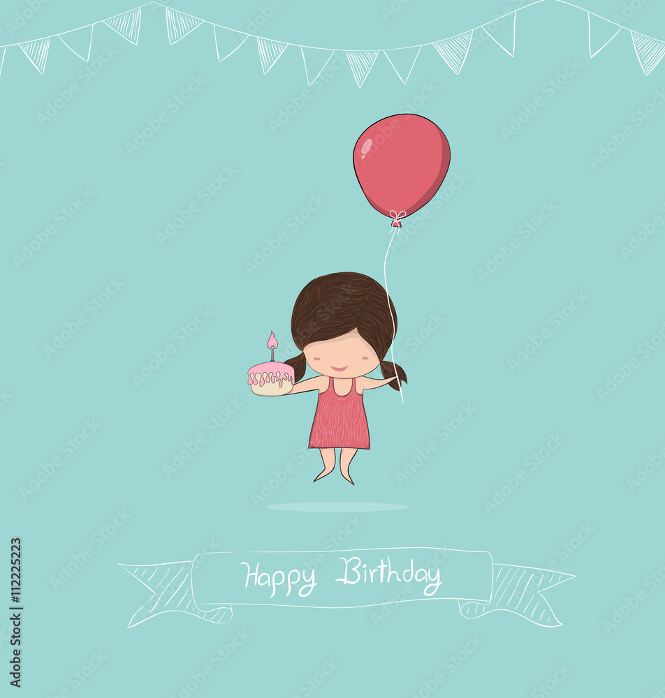Girl with birthday cupcake and balloons, drawing by hand vector Girl with birthday cupcake and balloons, drawing by hand vector